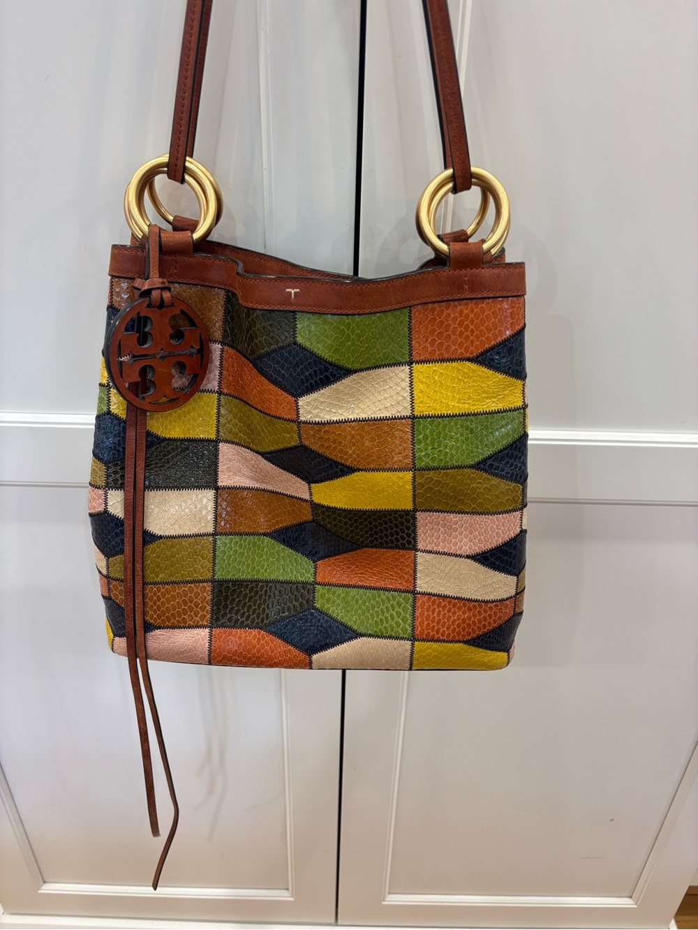 Tory Burch Multicolor Patchwork Leather Shoulder Bag with Gold Rings